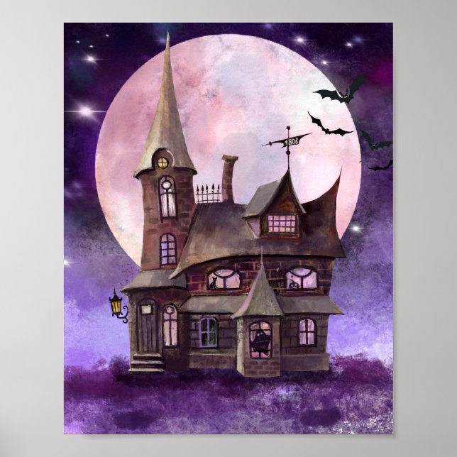 Halloween Haunted House With Moon and Bat Wall Art (Front)