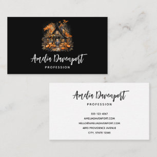 Halloween Haunted House with Pumpkins & Foliage Business Card