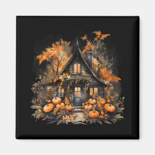 Halloween Haunted House with Pumpkins & Foliage Magnet