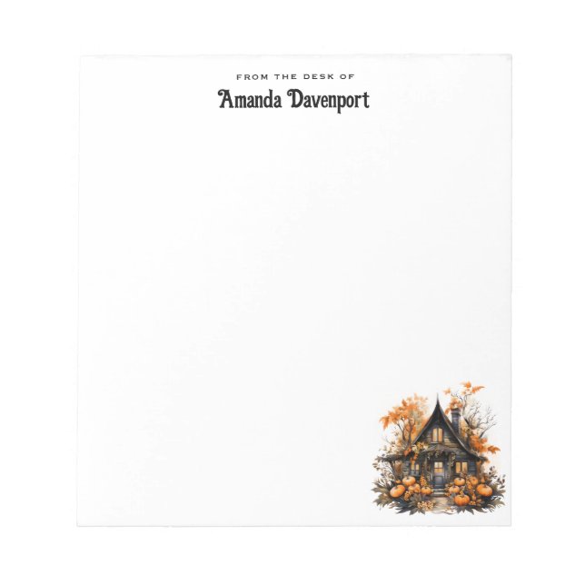 Halloween Haunted House with Pumpkins & Foliage Notepad (Front)