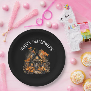 Halloween Haunted House with Pumpkins & Foliage Paper Plate