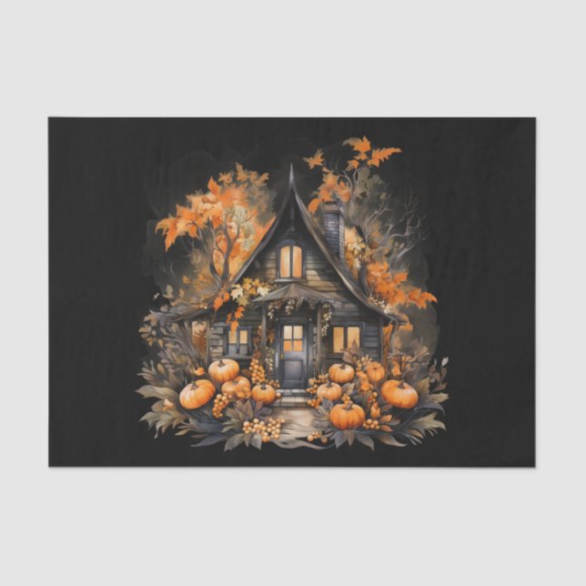 Halloween Haunted House with Pumpkins & Foliage Tissue Paper (Front)
