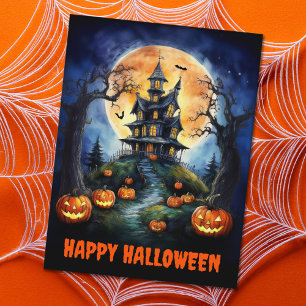 Halloween Haunted House with Pumpkins Holiday Postcard
