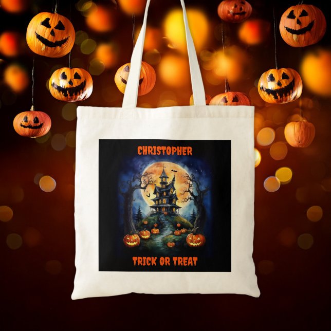Halloween Haunted House with Pumpkins Name Tote Bag (Creator Uploaded)