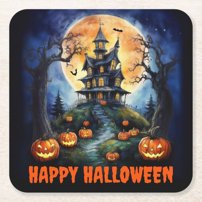 Halloween Haunted House with Pumpkins Party Square Paper Coaster (Front)