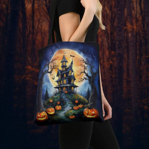 Halloween Haunted House with Pumpkins Tote Bag