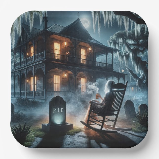 Halloween Haunted House With Tombstone Paper Plate (Front)