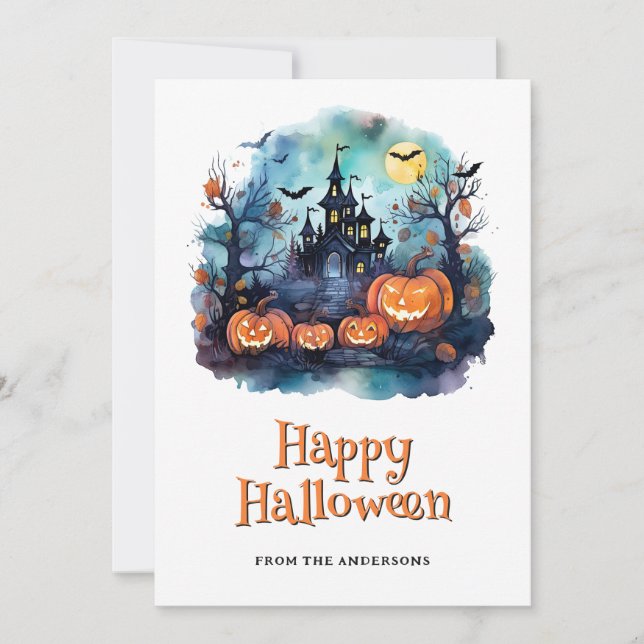 Halloween Haunted Mansion Pumpkins Bats Ghost Holiday Card (Front)
