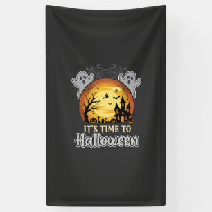 Halloween Haunted Moon Ghosts and Graveyard Vector Banner