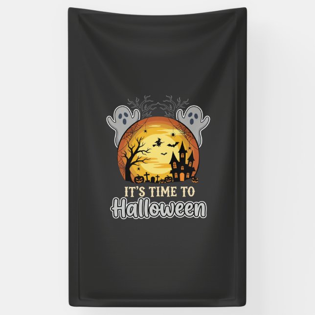 Halloween Haunted Moon Ghosts and Graveyard Vector Banner (Vertical)
