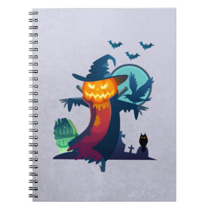 Halloween Haunted Scarecrow With Bats And A Crow Spiral Notebook