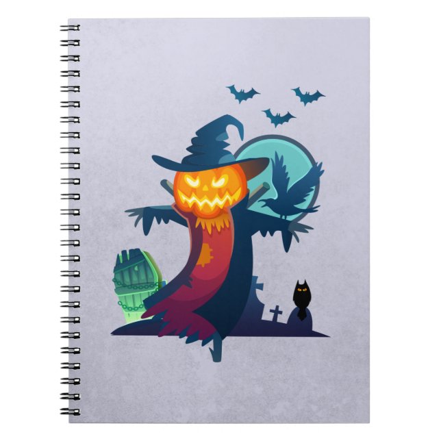 Halloween Haunted Scarecrow With Bats And A Crow Spiral Notebook (Front)