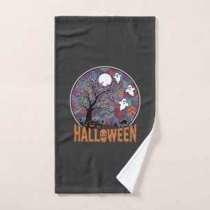 Halloween Haunted Tree Ghosts and Black Cat Hand Towel