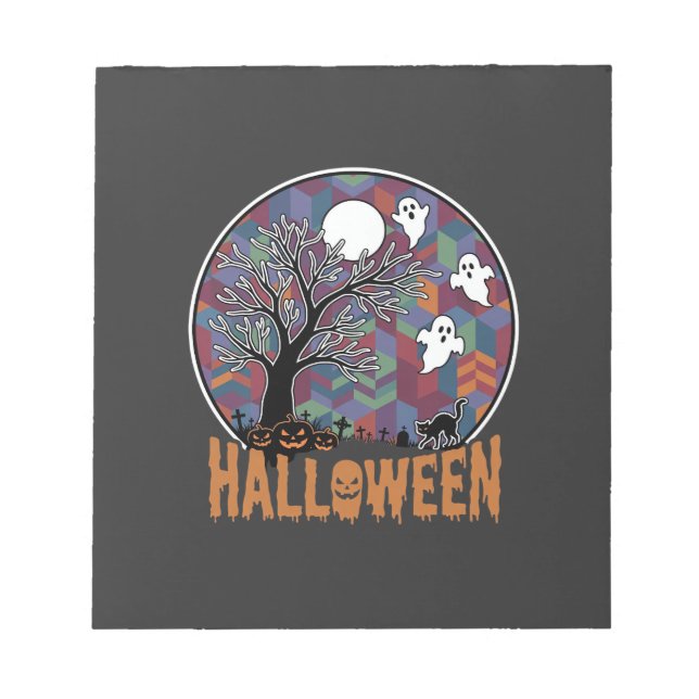 Halloween Haunted Tree Ghosts and Black Cat Notepad (Front)