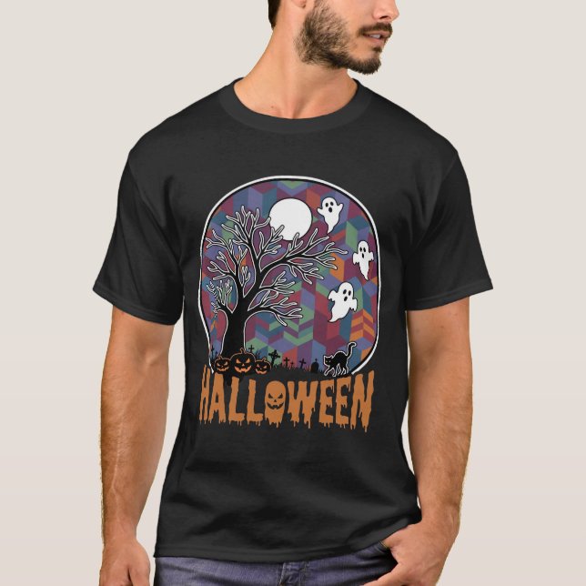 Halloween Haunted Tree Ghosts and Black Cat T-Shirt (Front)