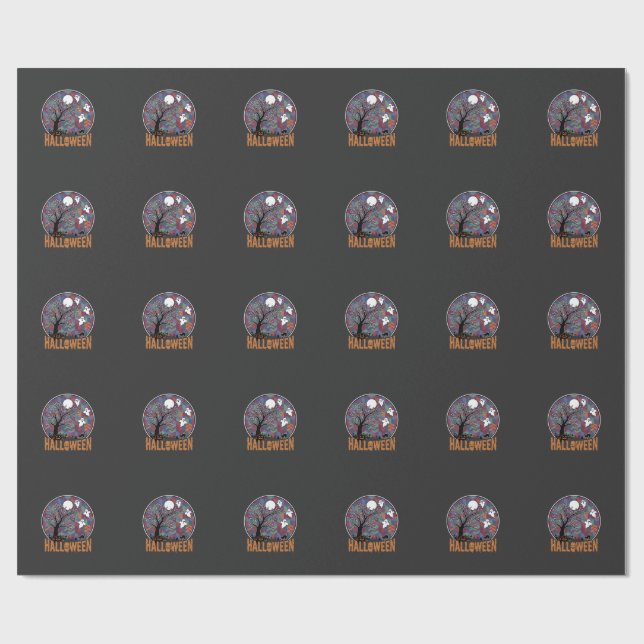 Halloween Haunted Tree Ghosts and Black Cat Wrapping Paper (Flat)