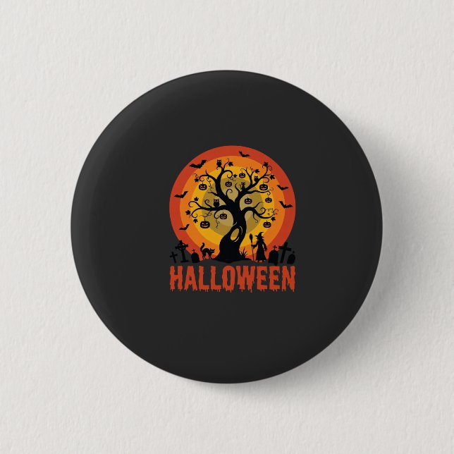 Halloween Haunted Tree Witch and Black Cats 6 Cm Round Badge (Front)