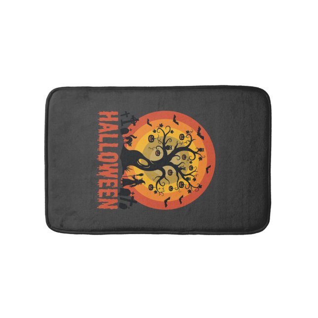 Halloween Haunted Tree Witch and Black Cats Bath Mat (Front)