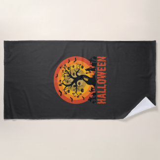 Halloween Haunted Tree Witch and Black Cats Beach Towel