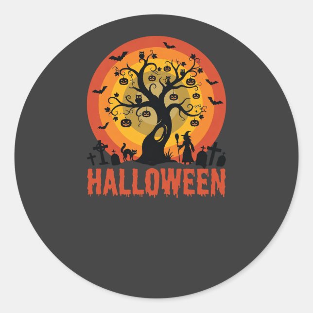 Halloween Haunted Tree Witch and Black Cats Classic Round Sticker (Front)
