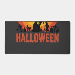 Halloween Haunted Tree Witch and Black Cats Desk Mat