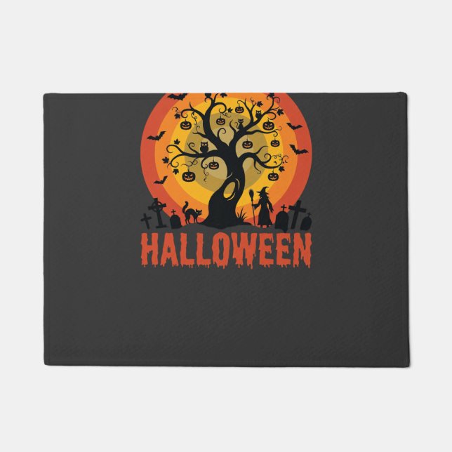 Halloween Haunted Tree Witch and Black Cats Doormat (Front)