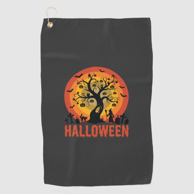 Halloween Haunted Tree Witch and Black Cats Golf Towel (Front)