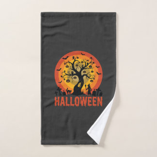 Halloween Haunted Tree Witch and Black Cats Hand Towel