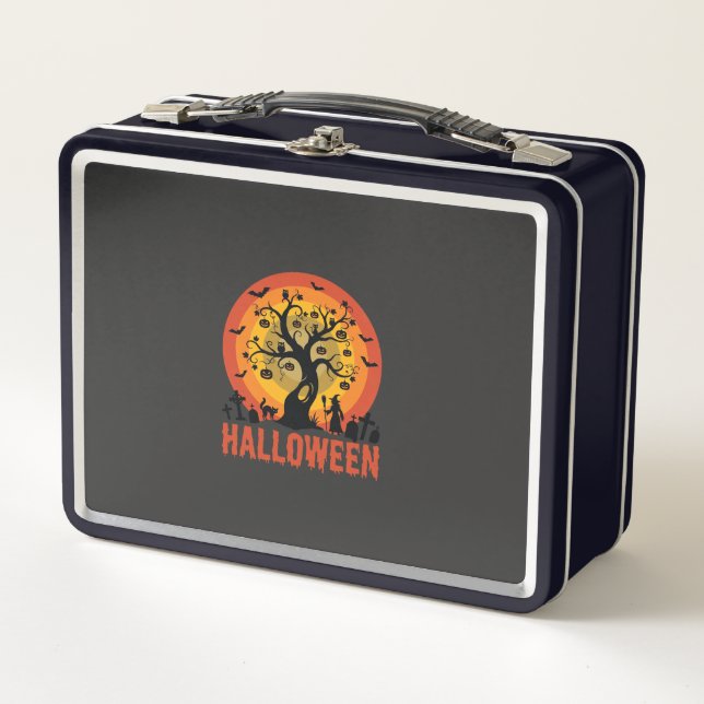 Halloween Haunted Tree Witch and Black Cats Metal Lunch Box (Front)