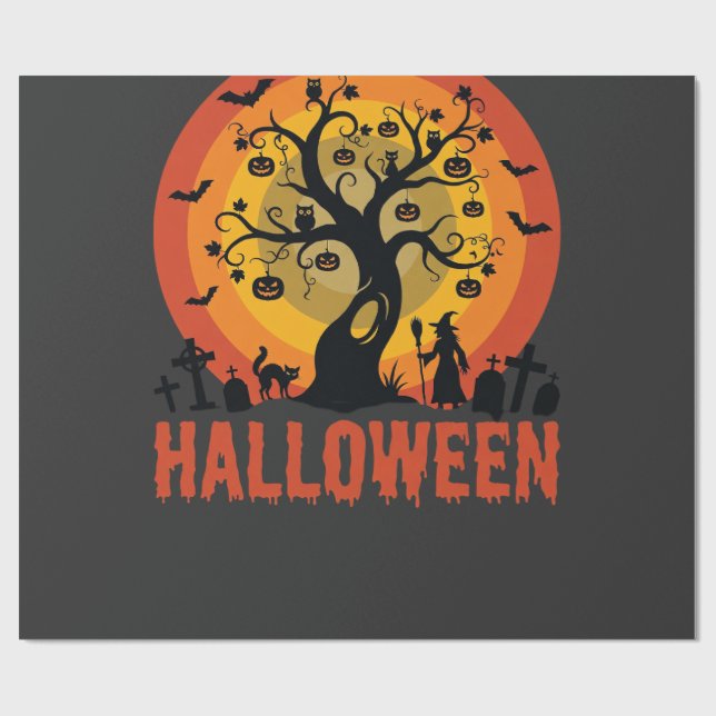 Halloween Haunted Tree Witch and Black Cats Wrapping Paper (Flat)