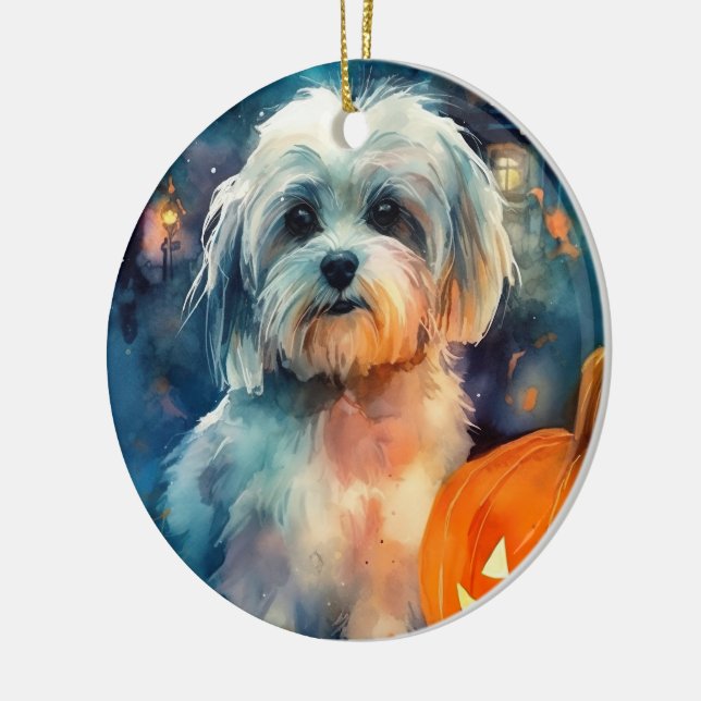 Halloween Havanese With Pumpkins Scary Ceramic Tree Decoration (Left)