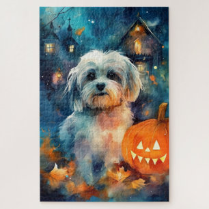 Halloween Havanese With Pumpkins Scary Jigsaw Puzzle