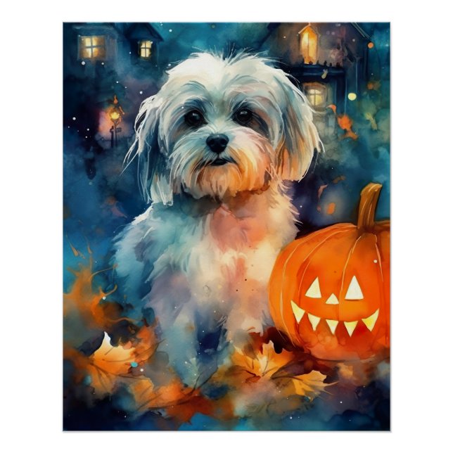 Halloween Havanese With Pumpkins Scary Poster (Front)