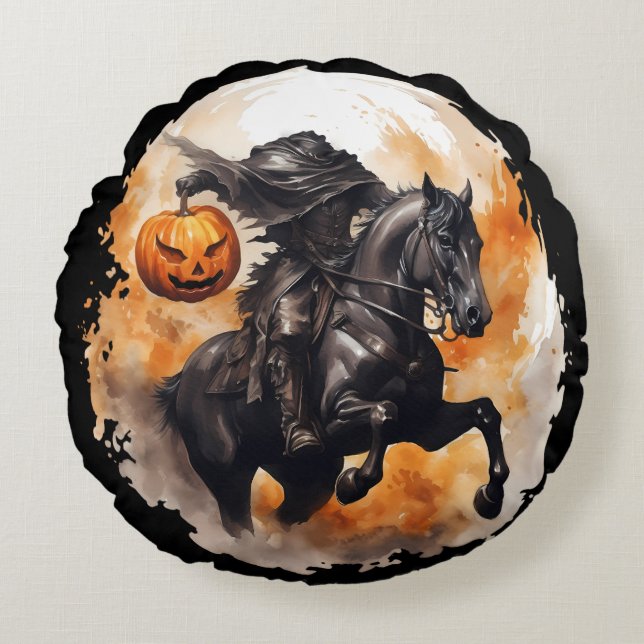 Halloween Headless Horseman With Pumpkin Head Round Cushion (Front)