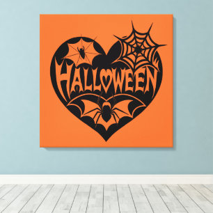 Halloween Heart, Black Heart Shape, Spider Web Canvas Print