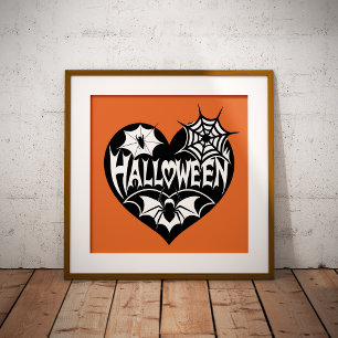 Halloween Heart, Black Heart Shape, Spider Web Foil Prints