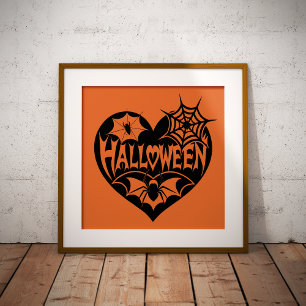 Halloween Heart, Black Heart Shape, Spider Web Foil Prints
