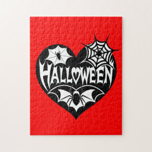 Halloween Heart, Black Heart Shape, Spider Web Jigsaw Puzzle