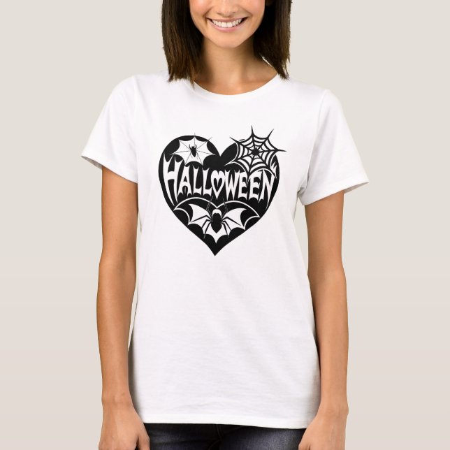 Halloween Heart, Black Heart Shape, Spider Web T-Shirt (Front)