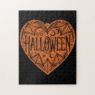 Halloween Heart, Orange Heart Shape, Holiday Jigsaw Puzzle