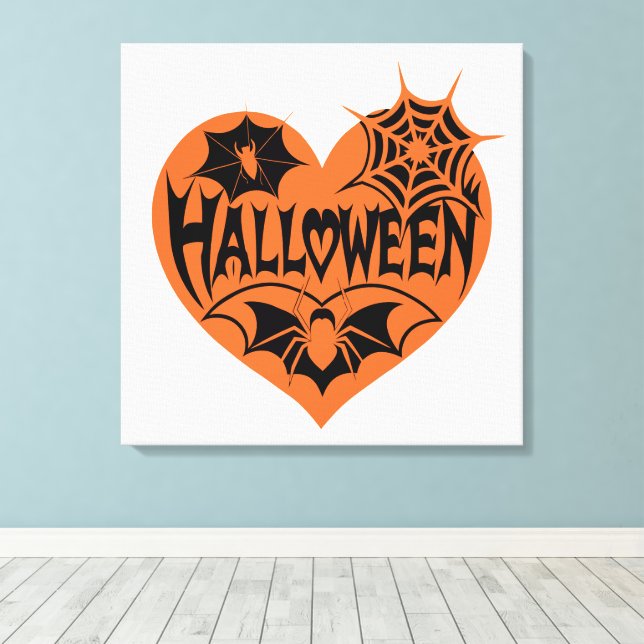 Halloween Heart, Orange Heart Shape, Spider Web Canvas Print (Insitu(Wood Floor))