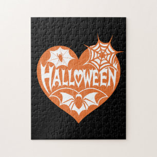 Halloween Heart, Orange Heart Shape, Spider Web Jigsaw Puzzle