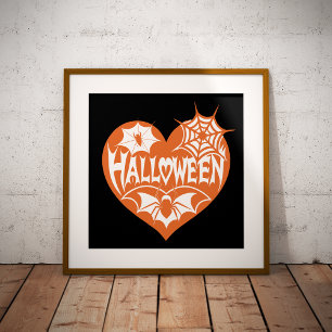 Halloween Heart, Orange Heart Shape, Spider Web Photo Print