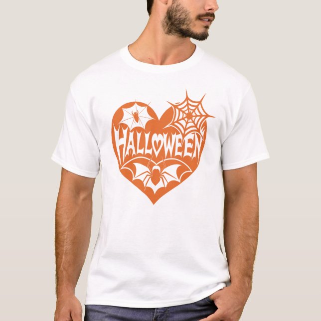 Halloween Heart, Orange Heart Shape, Spider Web T-Shirt (Front)