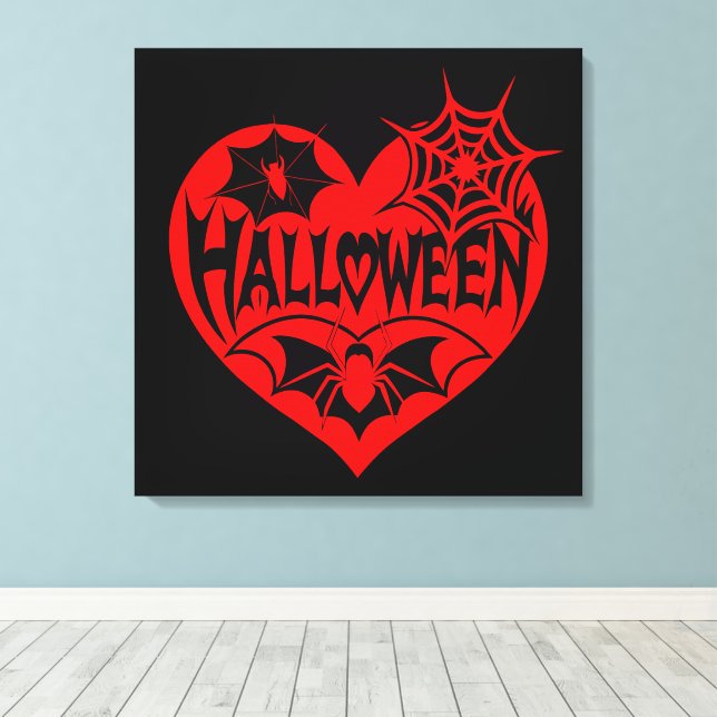 Halloween Heart, Red Heart Shape, Spider Web Canvas Print (Insitu(Wood Floor))