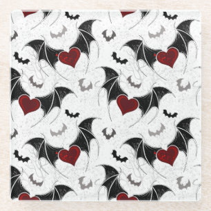 Halloween heart with black bat wings glass coaster
