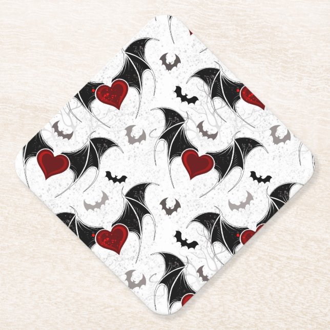 Halloween heart with black bat wings paper coaster (Front)