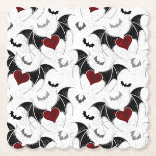 Halloween heart with black bat wings paper coaster