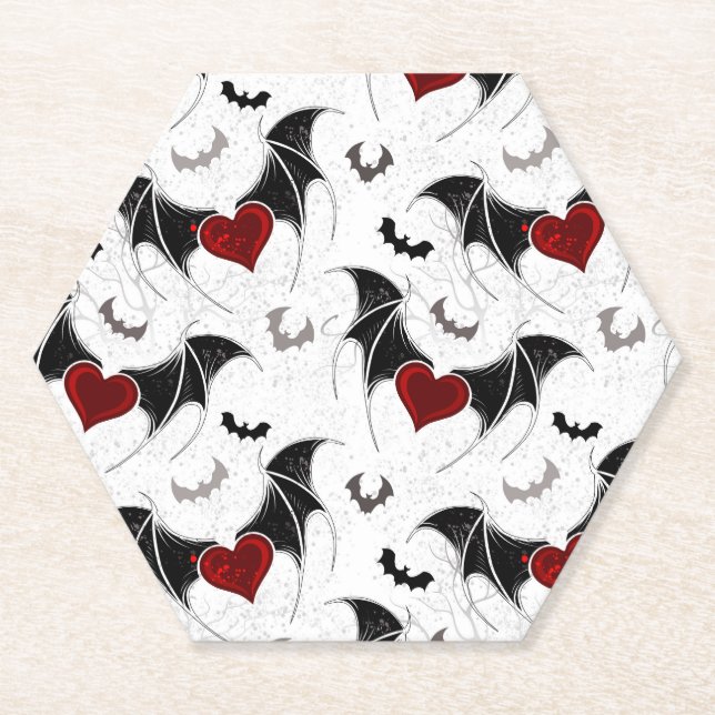 Halloween heart with black bat wings paper coaster (Front)