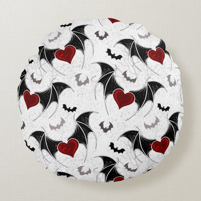 Halloween heart with black bat wings round cushion (Front)